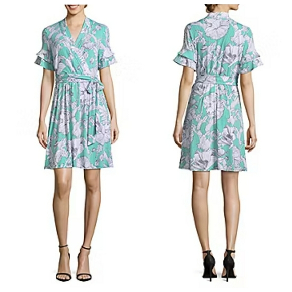 Liz Claiborne Ruffle Wrap Dress Green White Floral Size Large - Picture 1 of 8